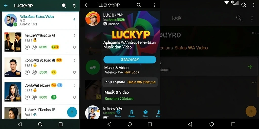 Antarmuka aplikasi LUCKYRP dengan fitur Status WA Video yang menarik.