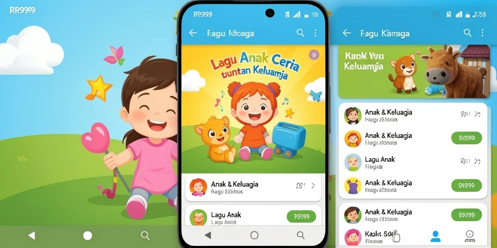 Screenshot aplikasi RR999 dengan antarmuka yang ramah anak dan fitur lagu.