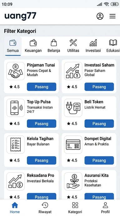 Tampilan katalog aplikasi uang77