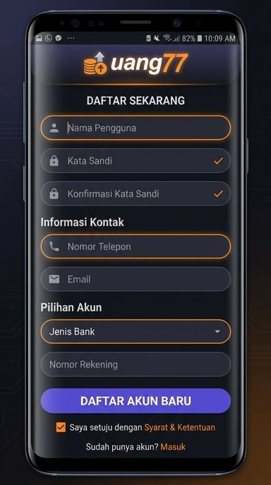 Tampilan halaman daftar uang77